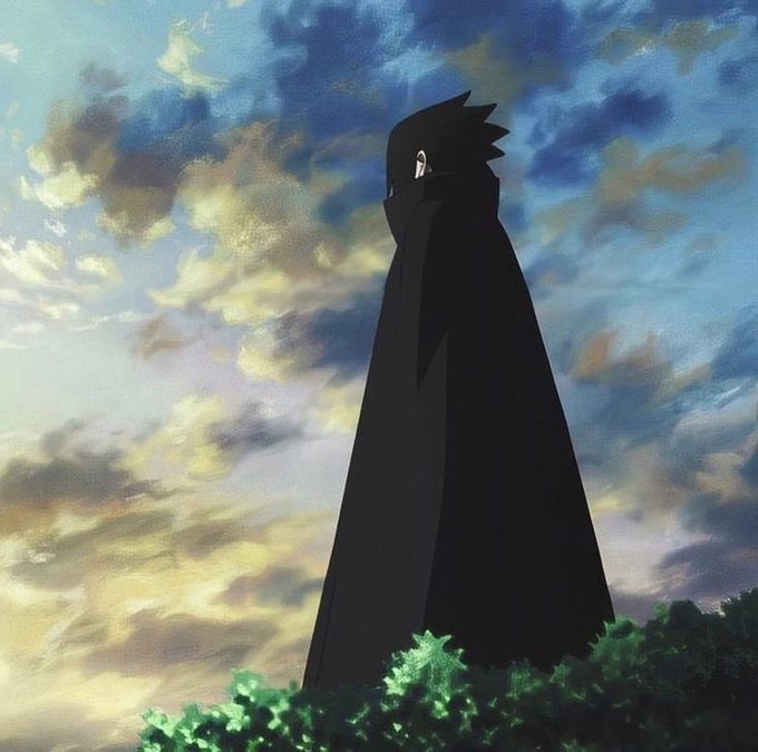 A silhouetted anime figure in a long dark cloak stands atop a grassy hill against a dramatic cloudy sky at sunset. The mysterious, contemplative mood of the lone figure watching the horizon complements the post's "Gm" (good morning) greeting and motivational "Let's Make Money!" message, evoking a sense of calm focus before the trading day begins.