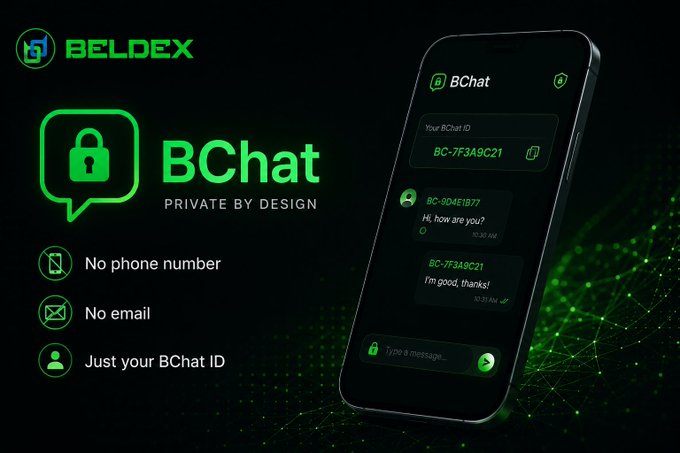 A promotional graphic for Beldex's BChat messaging app, displaying the tagline "PRIVATE BY DESIGN" alongside features "No phone number," "No email," and "Just your BChat ID." The image shows a smartphone interface mockup with a chat conversation between users with BChat IDs "BC-9D4E1B77" and "BC-7F3A9C21," reinforcing the post's emphasis on identity-based communication without traditional personal information.