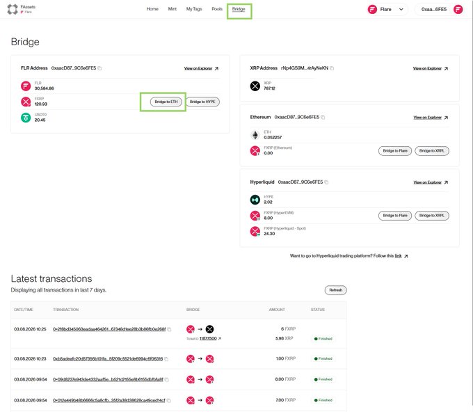 A screenshot of the Flare network bridge interface showing options to bridge FLR/XRP to ETH and XRPL, with token balances displayed and a 'Latest transactions' list at the bottom showing completed XRPL transactions on 03.08.2026.
