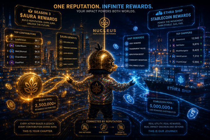 A futuristic "Nucleus Reputation Network" infographic displaying "ONE REPUTATION. INFINITE REWARDS." with Season 3 Aura Rewards leaderboards for top contributors like LedVision (98.7) and CyberBloom (96.3), alongside Ethra Ship Stablecoin rewards.