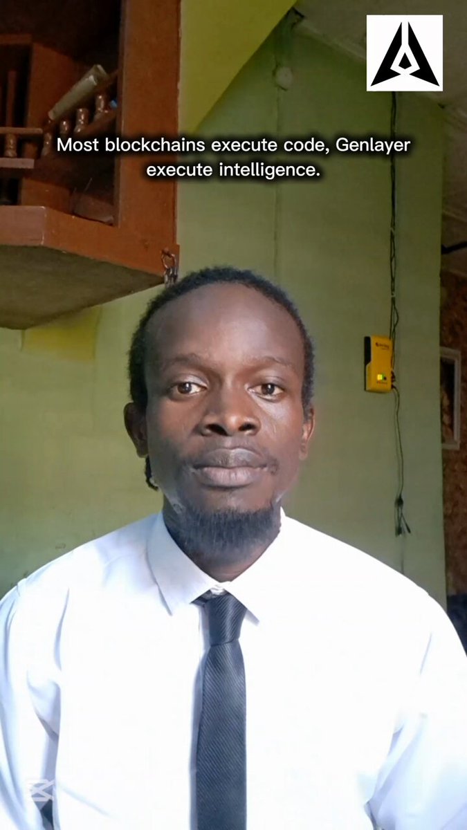 The image features a man wearing a white shirt, black tie, and looking at the camera with a serious expression. The caption below the image reads "Most people think smart contracts execute code. @GenLayer Webs let Intelligent Contracts access validators, AI models, external data, and live environments dynamically. This isn't just contract execution. It's coordinated intelligence."