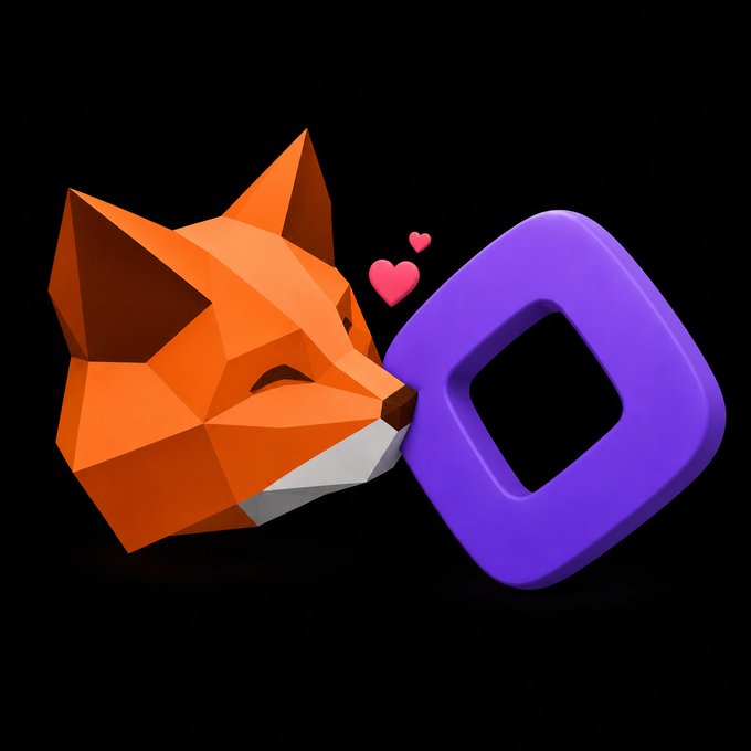 A low-poly orange fox kisses a purple rounded square logo with two small pink hearts floating between them on a black background.