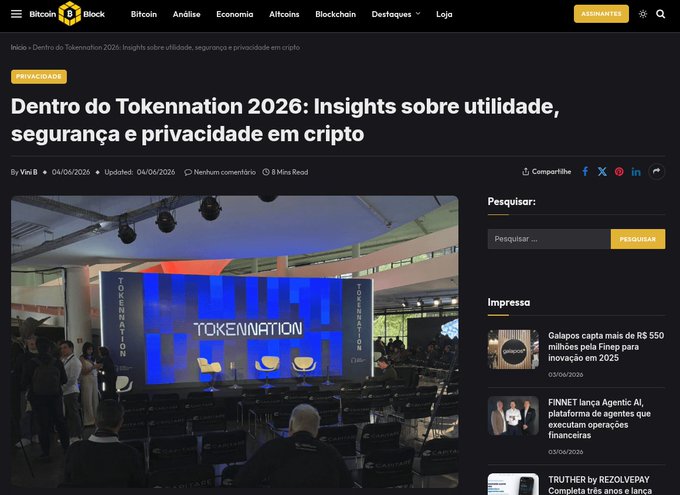The image shows a website with an article about Bitcoin Blockchain and its impact on society. The title of the article is "Dentro do Tokennation 2026 insights sobre ultilidade, segurança e privacide em cripto". The text in the image suggests that there might be a presentation or event related to Bitcoin happening soon.
