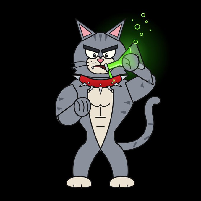 A cartoon illustration of a muscular, anthropomorphic grey cat with an angry expression drinking from a green Erlenmeyer flask against a black background.