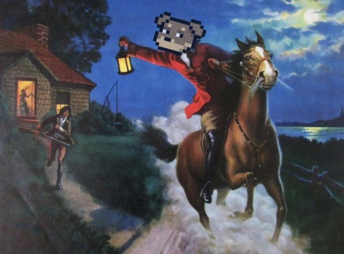 A pixelated figure resembling Doge rides horseback at night, lantern in hand, racing toward a rider emerging from a lit colonial home in a parody of Paul Revere's midnight ride. The meme reimagines a patriotic American scene as a frantic call to rally for "Doginal Doge Season," with the lone rider delivering urgent crypto-currency news instead of a historical warning.