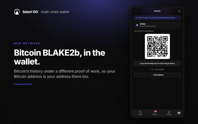 A promotional graphic for Satori GO multi-chain wallet advertises 'Bitcoin BLAKE2b' support, showing a mobile app screen with a QR code and address for receiving BTCB2.