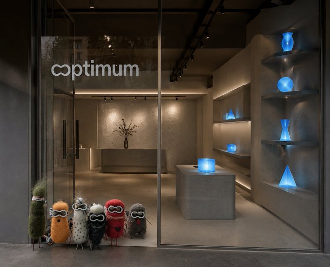 The storefront of 'optimum' featuring a minimalist interior with concrete display pedestals holding glowing blue ceramic vases, and five whimsical plush figurines lined up outside the glass door.