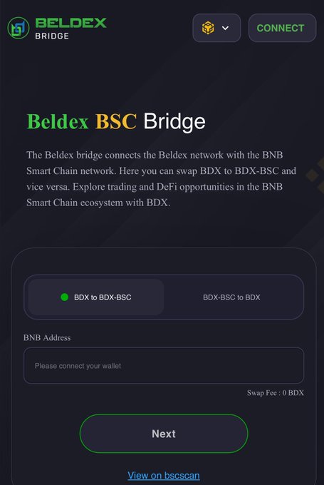 A screenshot of the Beldex BSC Bridge interface showing options to swap BDX between BOX and BNB Smart Chain networks.