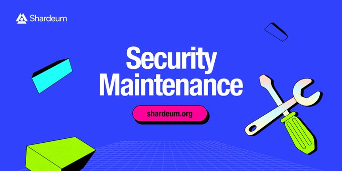 A promotional graphic with a blue background displays 'Security Maintenance' by 'Shardeum' with the URL 'shardeum.org' on a pink button, surrounded by illustrations of tools and 3D shapes.