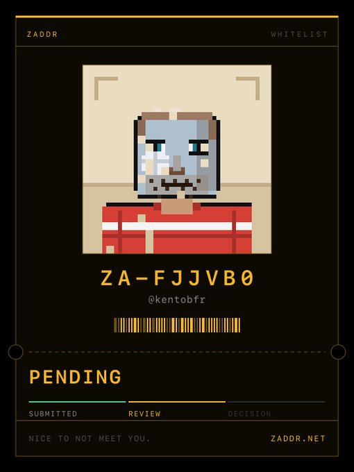 A digital ticket or ID card from ZADDR with a pixel art portrait of a gray cat in a red and white striped shirt, labeled 'ZA-FJJVB0' and '@kentobfr', showing a 'PENDING' status.