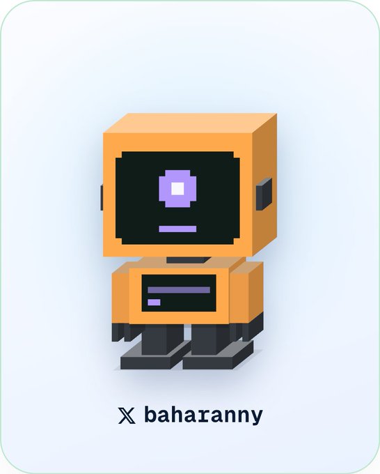 A 3D isometric illustration of a small orange and black pixel-art style robot with a purple pupil, labeled with an X (formerly Twitter) icon and the username 'baharanny' below it.