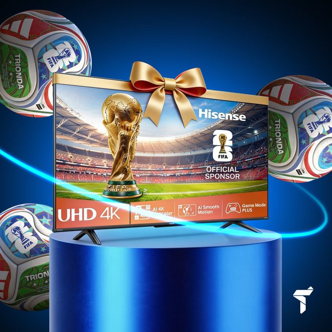 A product advertisement for a Hisense UHD 4K TV branded as a FIFA World Cup Official Sponsor, displayed on a blue pedestal with a gold bow, surrounded by soccer balls, highlighting AI 4K Upscaler, AI Smooth Motion, and Game Mode Plus features.