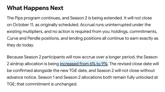 A screenshot of an announcement titled "What Happens Next" detailing that the Pips program Season 2 is being extended beyond October 11, with accruals continuing under existing multipliers and the Season 2 airdrop allocation increased from 6% to 9%.