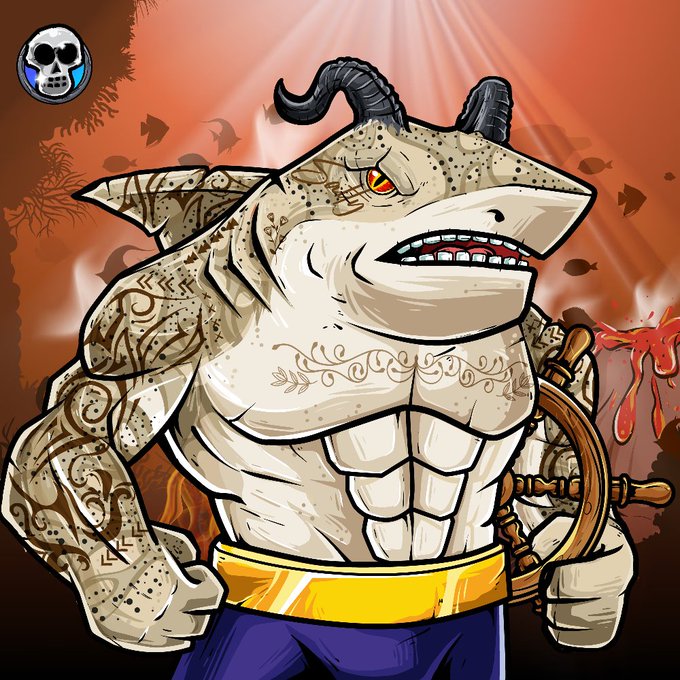 The image features a cartoon shark character with tattoos on its body, standing upright and holding a steering wheel. The background of the image has an orange hue, which complements the tattooed appearance of the shark. The caption below the image reads "This Friday @SaltySharksAM speaks on @c_o_c_official space, hosted by @thyrevolution Salty Sharks are building a global virtual education platform As an @Omerta_SOL founders bond holder, Salty Sharks are not afraid to branch out and create friendships across chains".