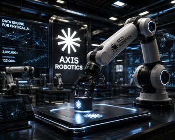 A robotic arm on a glowing platform in an industrial setting with 'AXIS ROBOTICS' branding visible on a display screen.