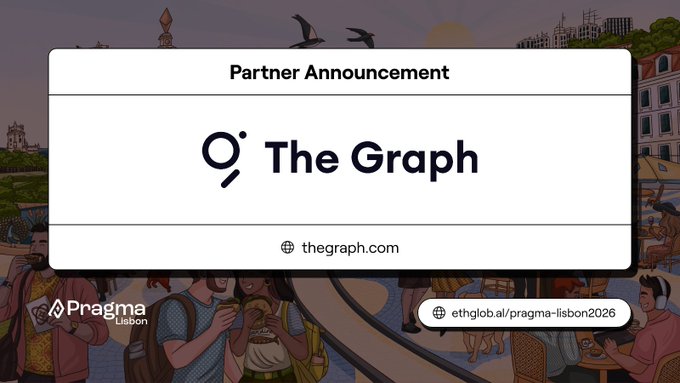 A partner announcement graphic for The Graph (thegraph.com) promoting the Pragma Lisbon 2026 conference, with the URL ethglobal.ai/pragma-lisbon2026 displayed.