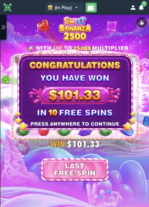 A player celebrates a "$101.33" win in "10 Free Spins" on the Sweet Bonanza 2500 slot game, matching their post about winning $100 from free spins. The image prominently displays the congratulatory pop-up with a "Last Free Spin" button available.
