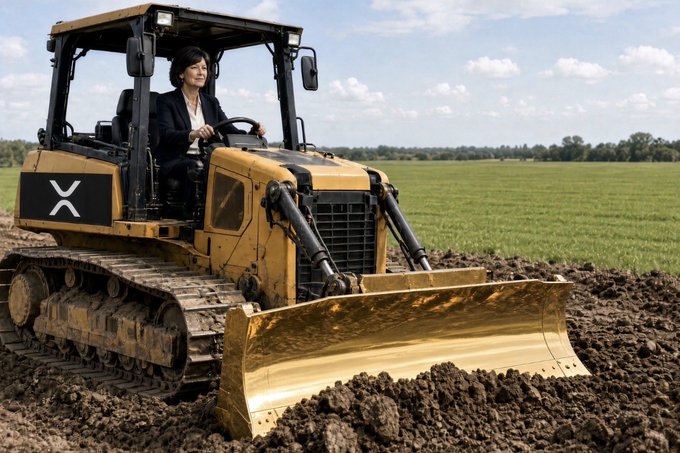 A woman in a black suit sits in the operator's seat of a yellow bulldozer pushing through dirt in a field, with an 'X' logo on the side of the machine.