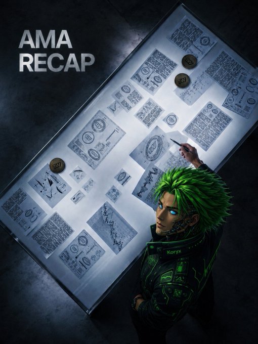An 'AMA RECAP' featuring a green-haired anime-style character named 'Koryx' examining ancient-looking documents and coins on a large lit display board.