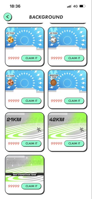 A mobile app screen titled 'BACKGROUND' showing six claimable items including medals (#1 Team, #8 Team, #22 Team, Marathoner Team) and milestones (21km, 42km, Stepathon) with 'CLAIM IT' buttons and price placeholders.