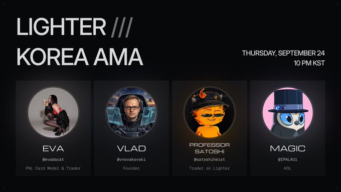 A promotional graphic for the "LIGHTER KOREA AMA" scheduled for Thursday, September 24 at 10 PM KST, featuring four speakers: Eva (PNL Card Model & Trader), Vlad (Founder), Professor Satoshi (Trader on Lighter), and Magic (KOL), with Vlad's appearance aligning with the post's highlight of the AMA featuring Lighter CEO/founder Vlad Novakovski.