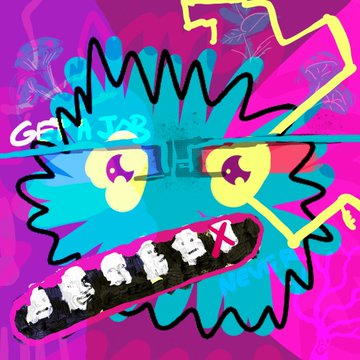 A chaotic, colorful illustration of a blue fuzzy monster with wild eyes and an open mouth showing sharp teeth, with graffiti-style text reading 'GET IT BITCHES!' on a pink and purple background.