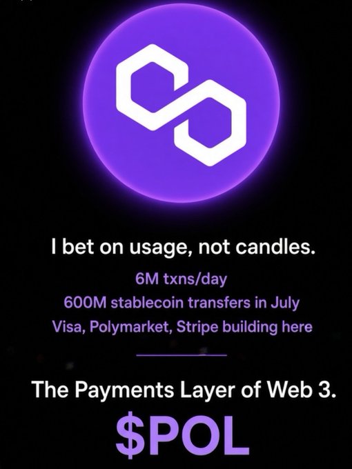 A promotional graphic for the $POL cryptocurrency token, featuring a purple glowing logo and the tagline 'I bet on usage, not candles,' highlighting stats like '6M txns/day' and '600M stablecoin transfers in July,' branded as 'The Payments Layer of Web 3.'
