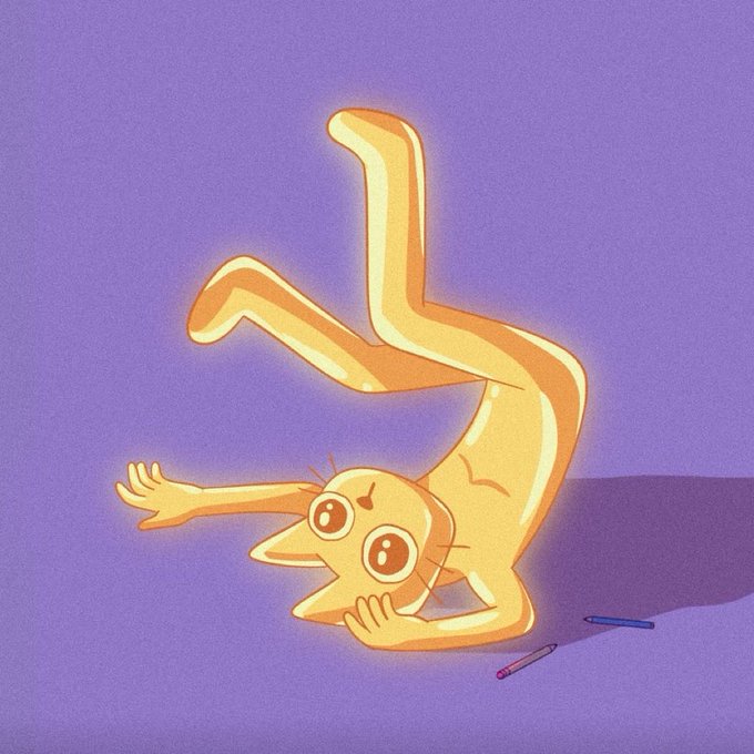 A yellow cartoon character falls headfirst in a clumsy, flailing manner, with two pens or markers scattered on the ground nearby. The image humorously illustrates the post's warning about copy trading, depicting the "rekt" outcome of blindly following traders without recognizing exit liquidity patterns.