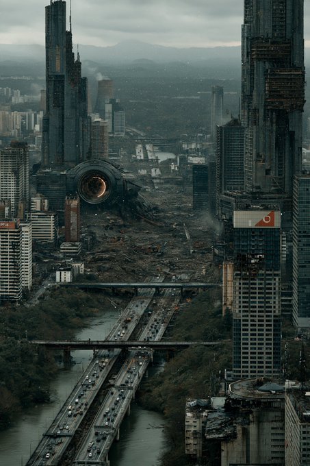 A futuristic dystopian cityscape with massive skyscrapers, a destroyed urban area, a glowing portal-like structure, and highways with traffic running through it.