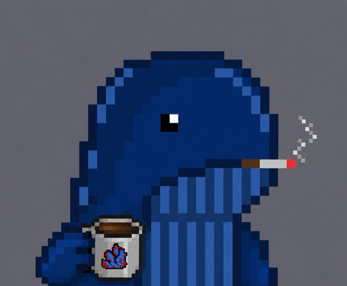 A pixel art illustration of a dark blue whale or sea creature smoking a cigarette while holding a glass jar containing a small red coral, against a gray background.