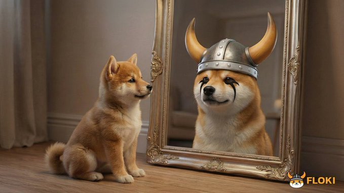 A Shiba Inu dog sits on a wooden floor looking into an ornate gold-framed mirror, where its reflection appears as a Viking wearing a horned helmet and black face paint. The 'FLOKI' logo and text appear in the bottom right corner.