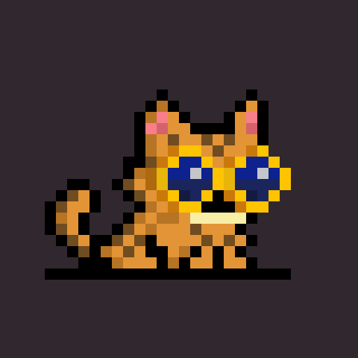 A pixel art sprite of an orange, fox-like creature wearing blue sunglasses with yellow frames against a dark background.