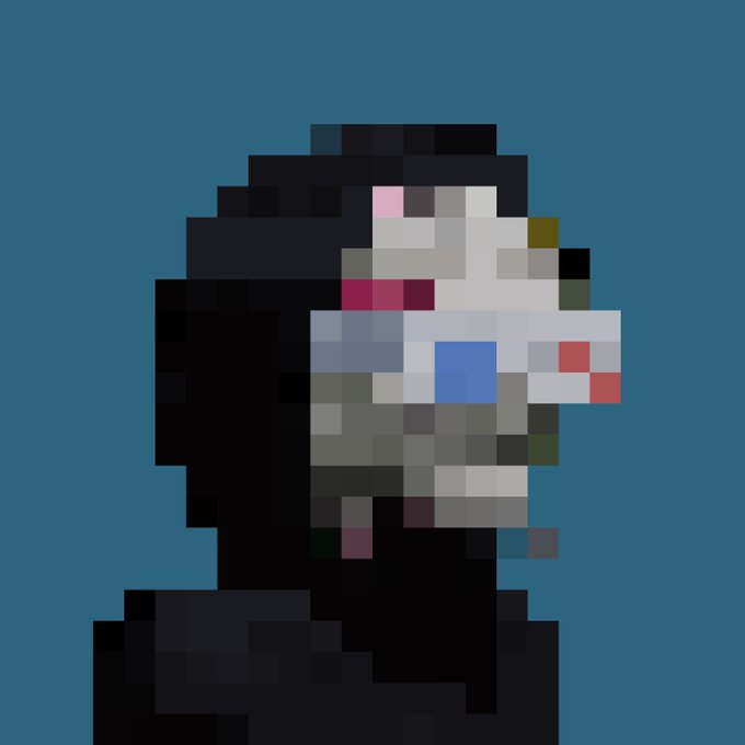 A pixel art rendering of a person with dark hair in a hooded garment against a blue background.