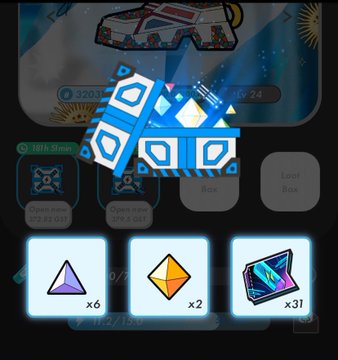 Mobile game screenshot showing an inventory or rewards screen with glowing blue cubes, a "320.3K" score, options to "Open new NFT B2 G1" and "NFT B2 Q1," and item counts including a purple triangle (x6), orange crystal (x2), and blue card (x31).