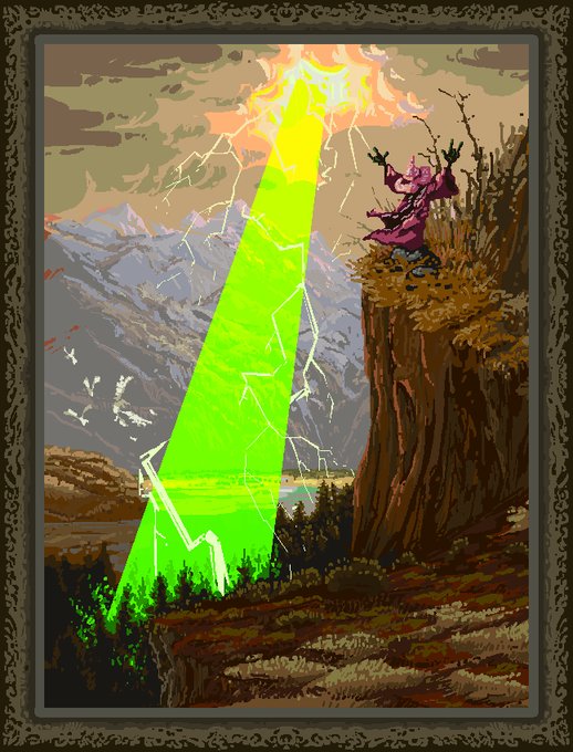 Pixel art fantasy illustration featuring a sorcerer in a purple robe on a cliff edge channeling a massive green lightning bolt toward a forest and lake below.