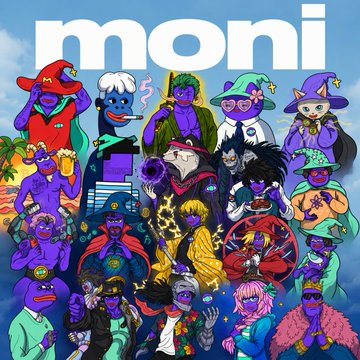 A colorful collage of wizard characters surrounds the bold "moni" logo at the top, visually representing the "Moni Wizards" community mentioned in the post, where users join a vibrant collective to access tools for outplaying the market and growing wealth together.