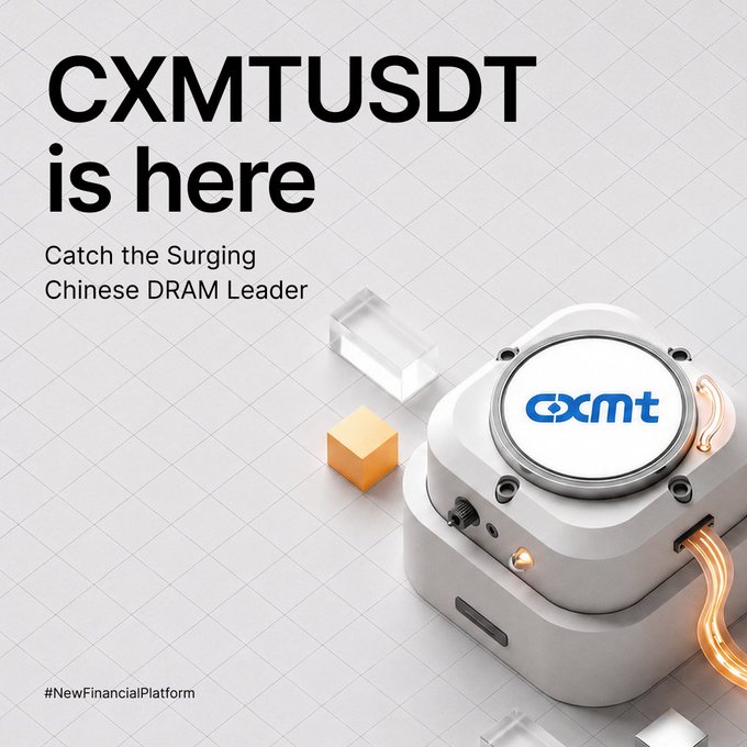 A promotional graphic announcing "CXMTUSDT is here" with the tagline "Catch the Surging Chinese DRAM Leader," featuring a 3D rendering of a CXMT-branded device alongside orange and clear cubes, and tagged #NewFinancialPlatform. The image supports the post's announcement that CXMT, China's leading DRAM maker, is now tradable on Bybit via the CXMTUSDT pair.