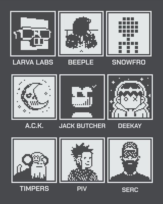 A grid displaying 9 pixel-art style NFT/creator avatars by various artists including Larva Labs, Beeple, Snowfro, A.C.K., Jack Butcher, Deekay, Timpers, PIV, and SERC.