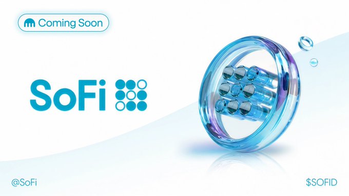 A promotional graphic displays the SoFi logo alongside a translucent blue sphere containing smaller capsules, with "Coming Soon" text in the top left, "$SOFID" labeled in the bottom right, and "@SoFi" tagged in the bottom left—aligning with the post announcing SoFi's USD stablecoin launch on Kraken starting September 4.