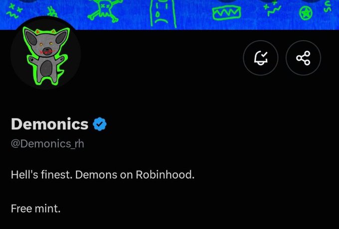 A Twitter profile for 'Demonics' (@Demonics_rh) featuring a green chihuahua avatar, with the bio 'Hell's finest. Demons on Robinhood. Free mint.'