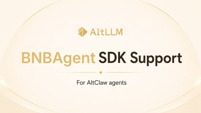 The image features a white background with black text that reads "BNBAgent SDK gives builders modular infrastructure for agents on @BNBCHAIN". The text also mentions that this software can be used by AltClaw agents, which implies that AltClaw is involved in the development or testing of this software. Additionally, it states that the software is bundled with AltClaw agents and allows them to access BNB Chain's agent workflow stack for efficient management of onchain identity, job coordination, and ERC-8183/APEX workflows.