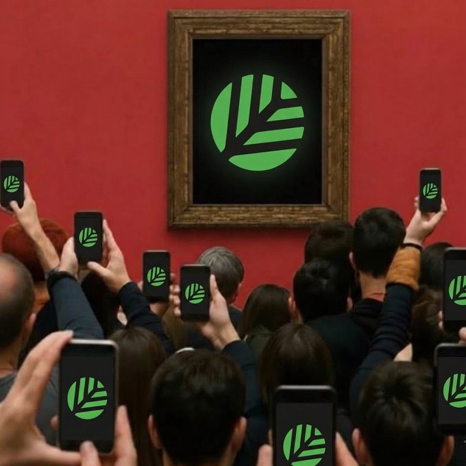 An AI-generated image showing a crowd holding up phones displaying a green leaf logo, facing a framed version of the same logo on a red wall.