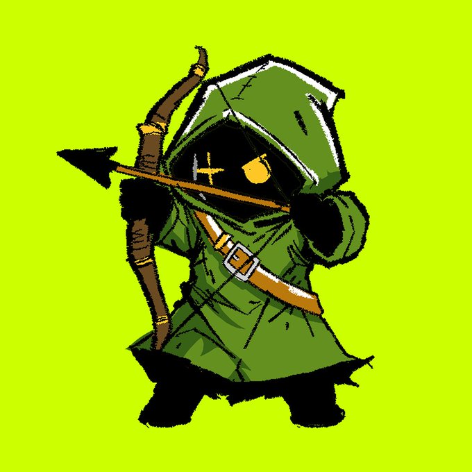 A hooded archer NFT character with a glowing yellow eye, dressed in a tunic and quiver, drawing back an arrow. The mysterious, fantasy-style illustration likely serves as promotional artwork for a free mint pass giveaway on OpenSea.