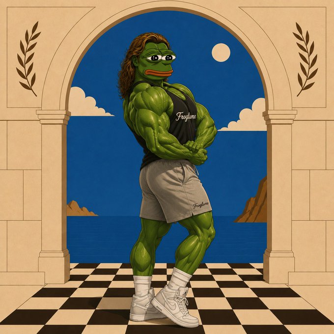 A digital artwork of a green, muscular Pepe-like figure wearing a 'FrogLume' tank top and shorts, posing confidently within a stone archway overlooking a seascape at night.