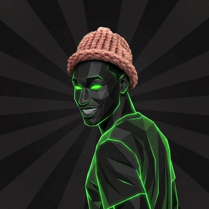 A 3D-rendered figure with a black, low-poly body outlined in glowing green neon and a pink/orange knit beanie smiles against a radial black-and-gray starburst background. The image serves as a stylized avatar representing the memecoin launch of "$ansemwifhat," visually matching the playful, hype-driven tone of the accompanying post.