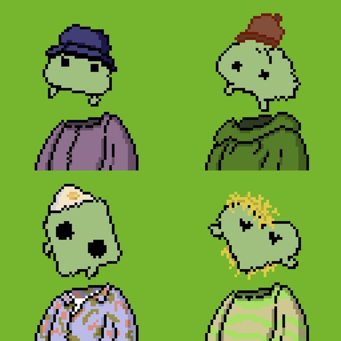 Four pixel-art characters with light green heads and X-shaped eyes arranged in a grid against a bright green background, wearing various hats and patterned shirts.