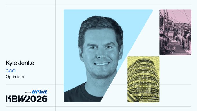 Speaker introduction card for Kyle Jenke, COO of Optimism, featuring his photo and branding for KBW2026 with UPbit.