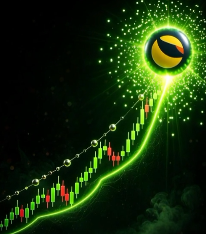 A stylized graphic shows a yellow logo sphere connected to a green ascending candlestick chart with an upward trending line and chain elements.