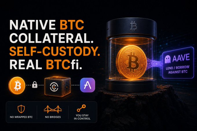 A promotional graphic for native BTC collateral in DeFi, featuring a glowing Bitcoin coin inside a secure container alongside the Aave logo, with bold text reading "NATIVE BTC COLLATERAL. SELF-CUSTODY. REAL BTCfi." and highlighting key benefits like "NO WRAPPED BTC," "NO BRIDGES," and "YOU STAY IN CONTROL" with a callout to "AAVE LEND/BORROW AGAINST BTC." The image visually reinforces the post's message about Babylon's Aave V4 testnet introducing a self-custodial, bridge-free BTC lending model that stands apart from centralized exchange offerings.