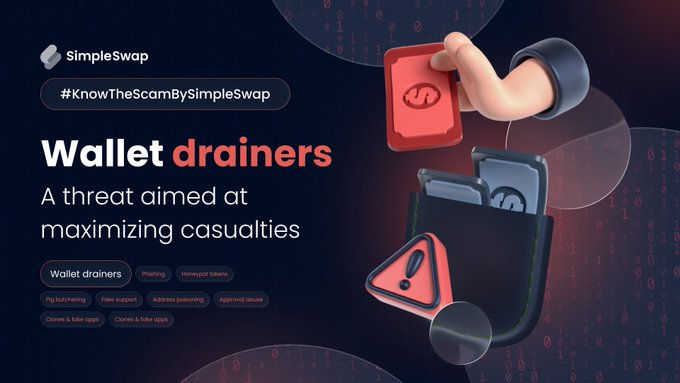 A SimpleSwap promotional graphic titled '#KnowTheScamBySimpleSwap' warning about 'Wallet drainers' as a threat aimed at maximizing casualties, listing scams like phishing, pig butchering, fake support, and honeypot tokens.